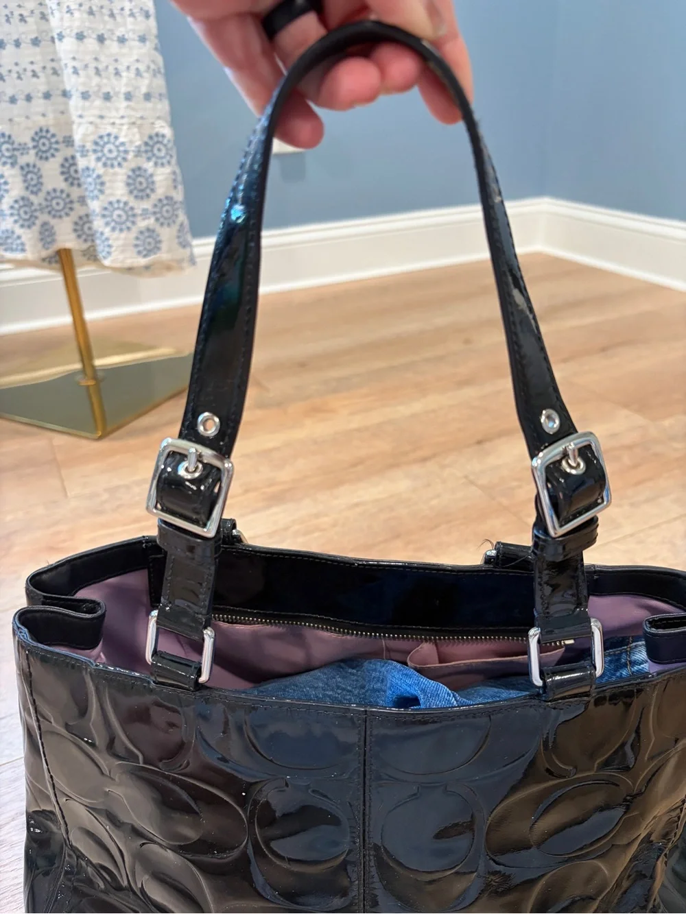 Coach Black Patent Leather Signature Embossed Turnlock Tote Shoulder Bag